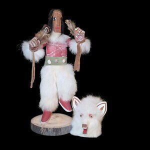 Kachina Doll Wolf Mask RB Vintage Native Folk Art Indian Fur Wood 12.5 Inch
